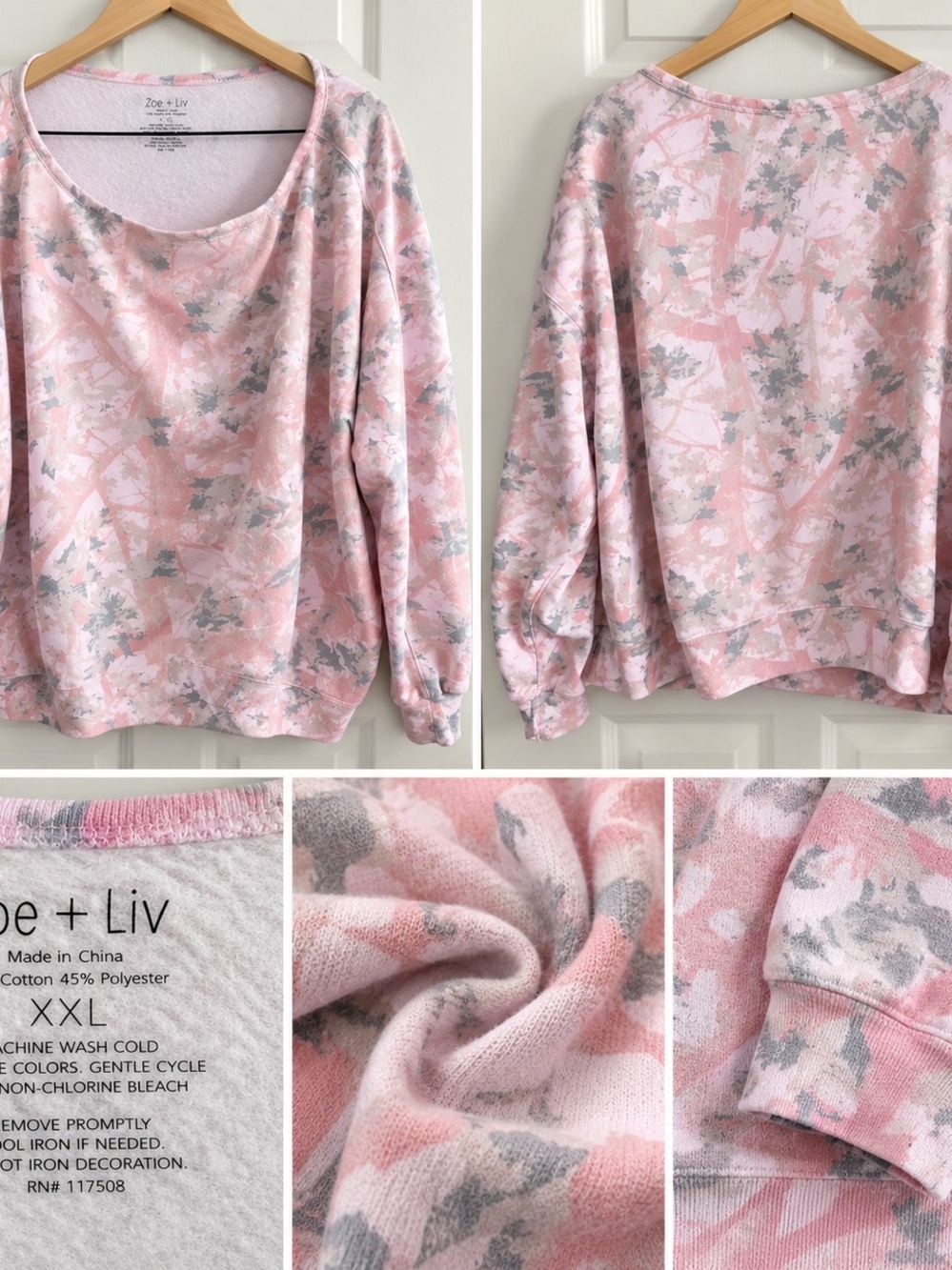 Zoe + Liv Pink and Gray Floral-Pattern Scoop Neck Pullover